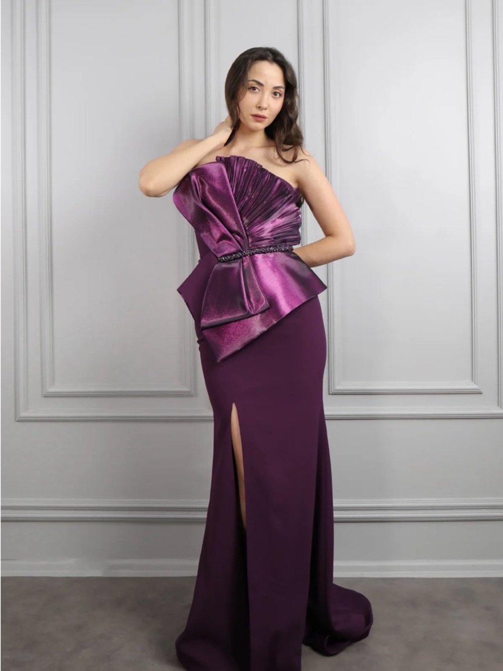 One-Shoulder Plum Evening Gown with Sculpted Peplum